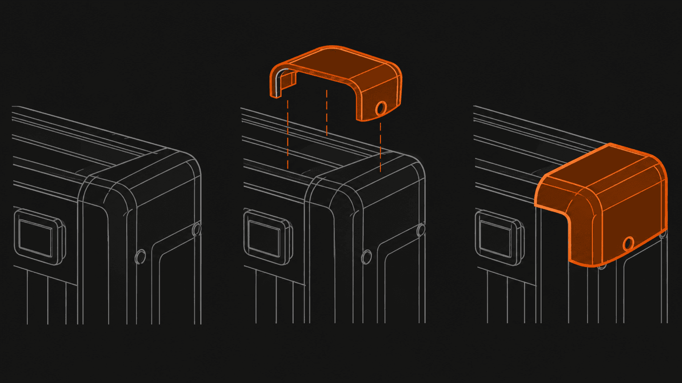 Three panels: a bare case corner, the guard aligned above it, the guard seated on the corner.
