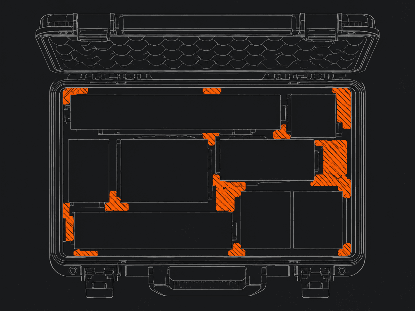 Top-down cutaway of a packed case with fill pads slotting into the voids between contents.