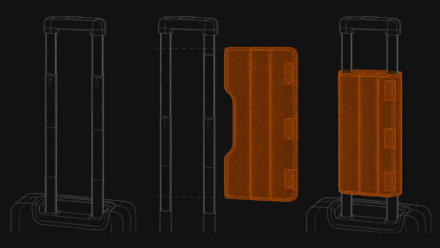 Three panels: a bare handle bar, the wrap sleeve opened flat beside it, the sleeve fastened on.
