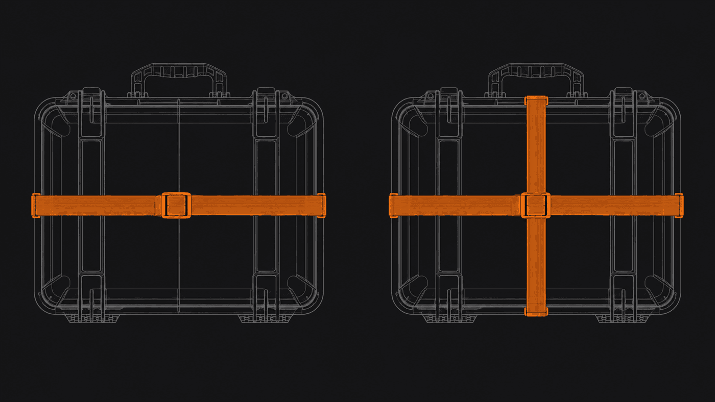 Two panels of a case face: one strap routed around the girth, and two straps crossing.