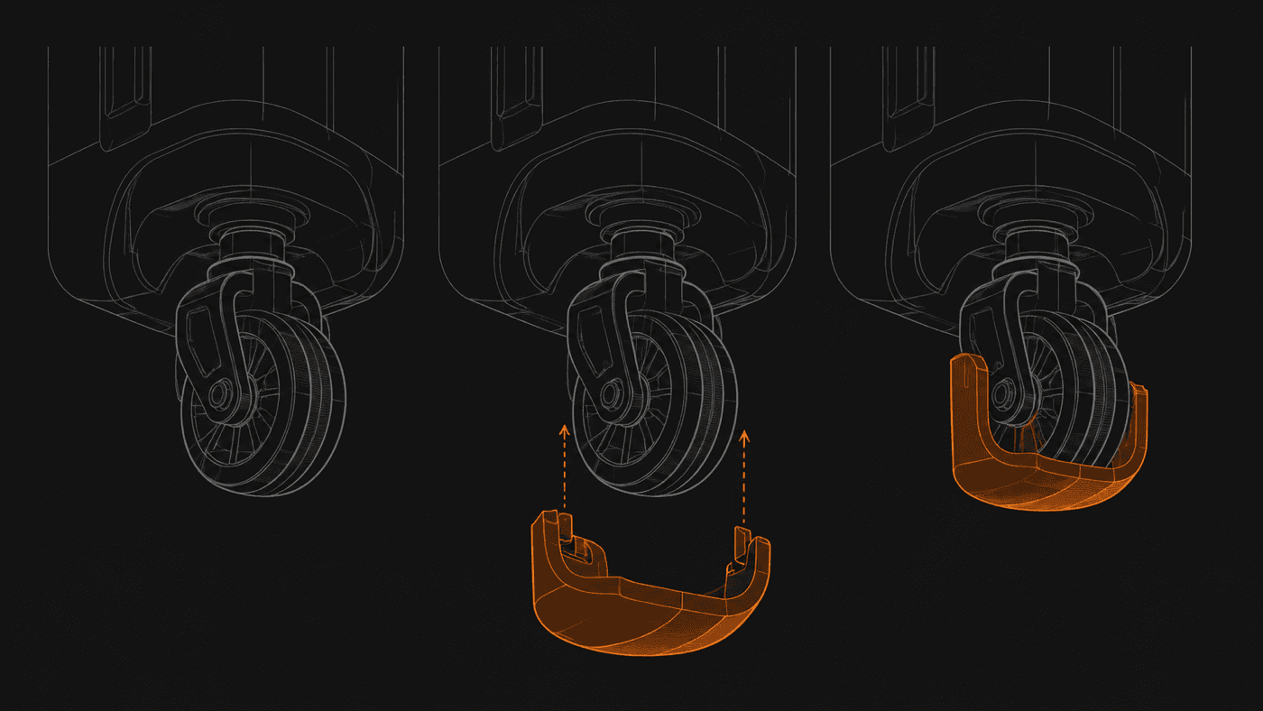 Three panels: a bare wheel housing, the shroud approaching, the shroud clipped on.