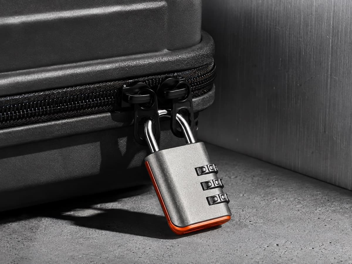 A small combination padlock clipped through the two zipper pulls of a travel case.