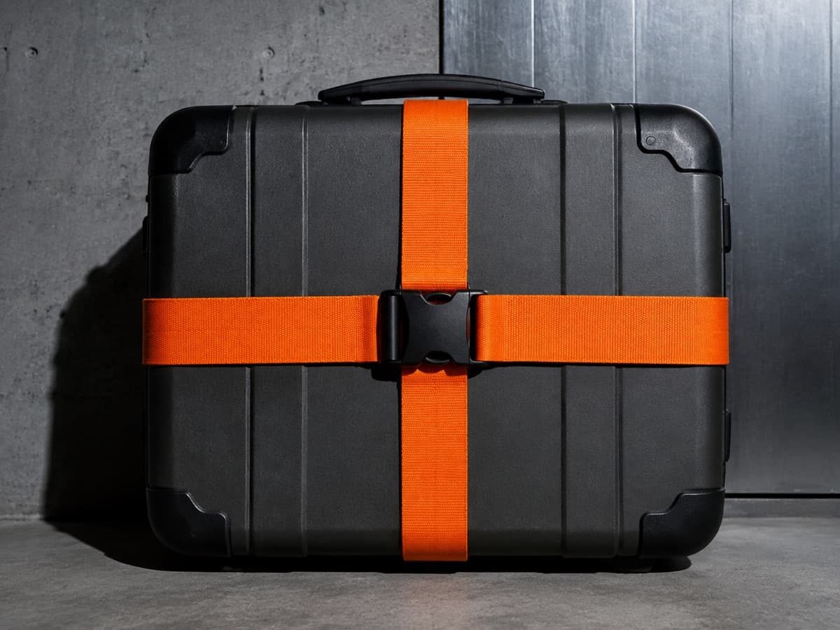 Two woven straps crossing at right angles over the face of a hard-shell case.