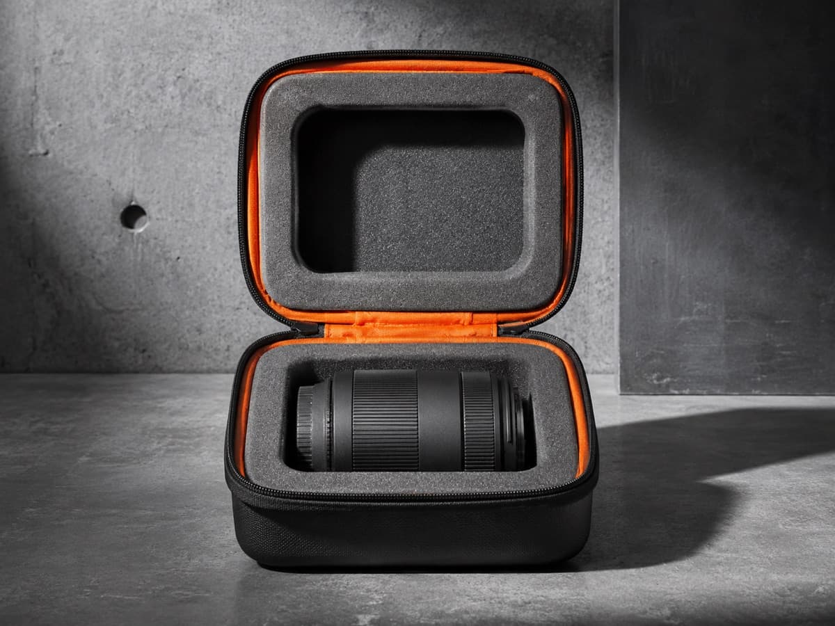 A hard-shell protective pouch open like a clamshell, a cut foam cavity holding a lens barrel.