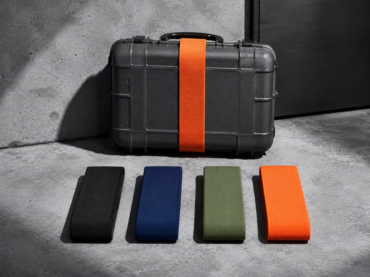Four elastic identification bands in four colours laid in a row, one stretched around a case behind.