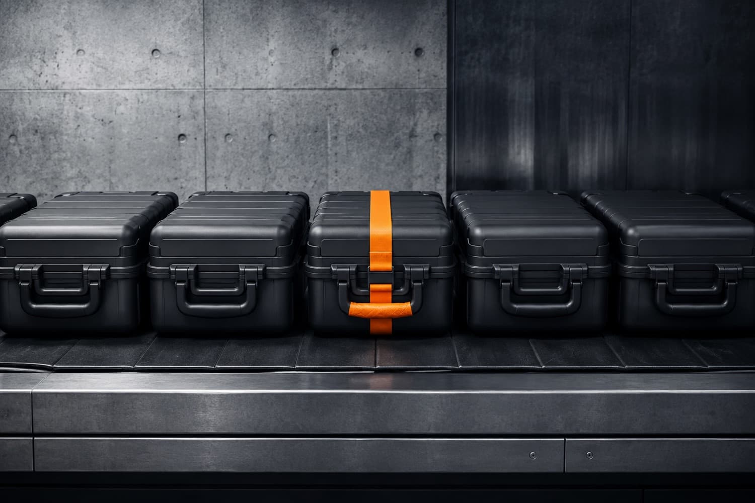 A reclaim carousel of near-identical dark cases with one marked case standing out.
