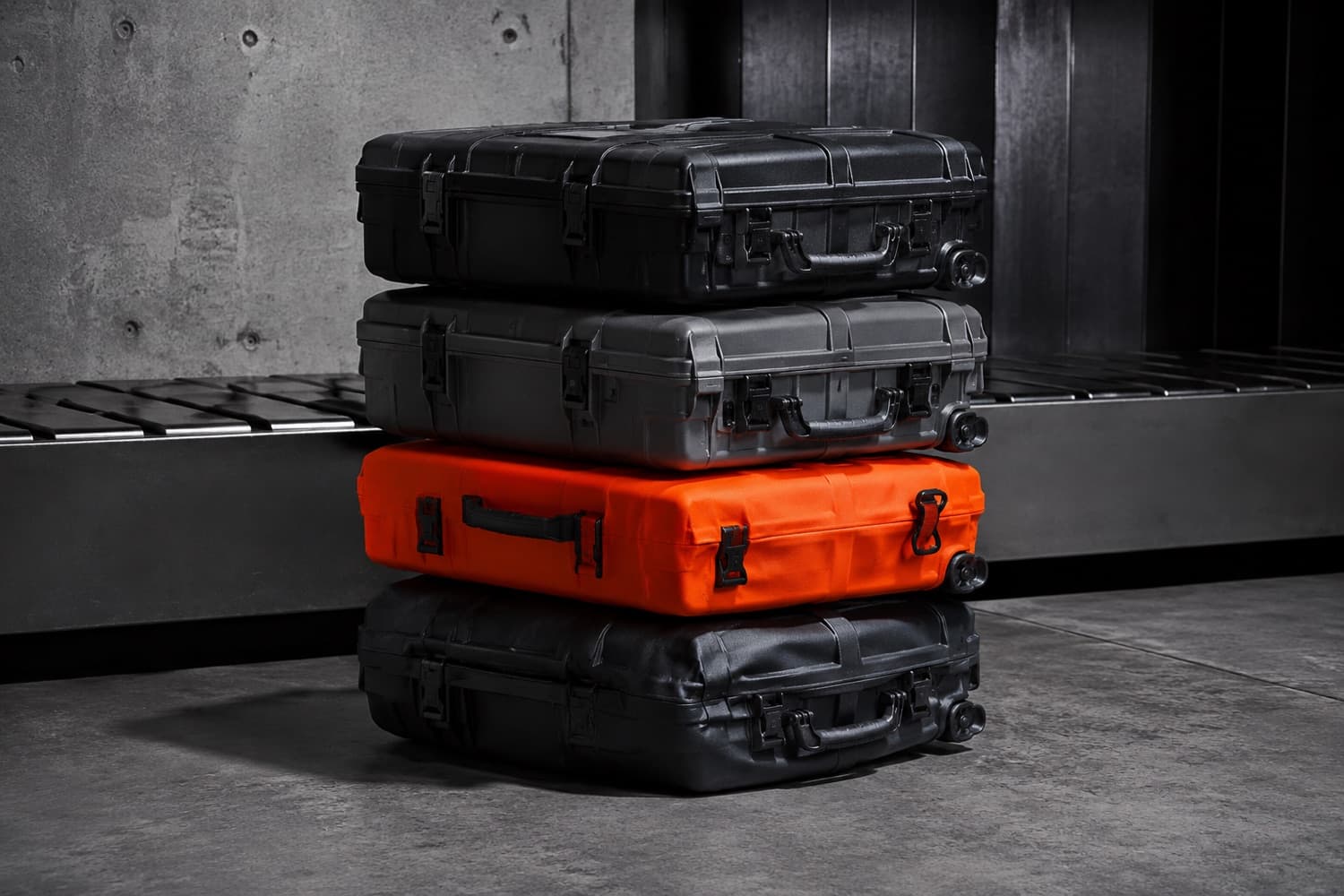 Cases stacked four high in a baggage holding area, the bottom case compressed under the load.