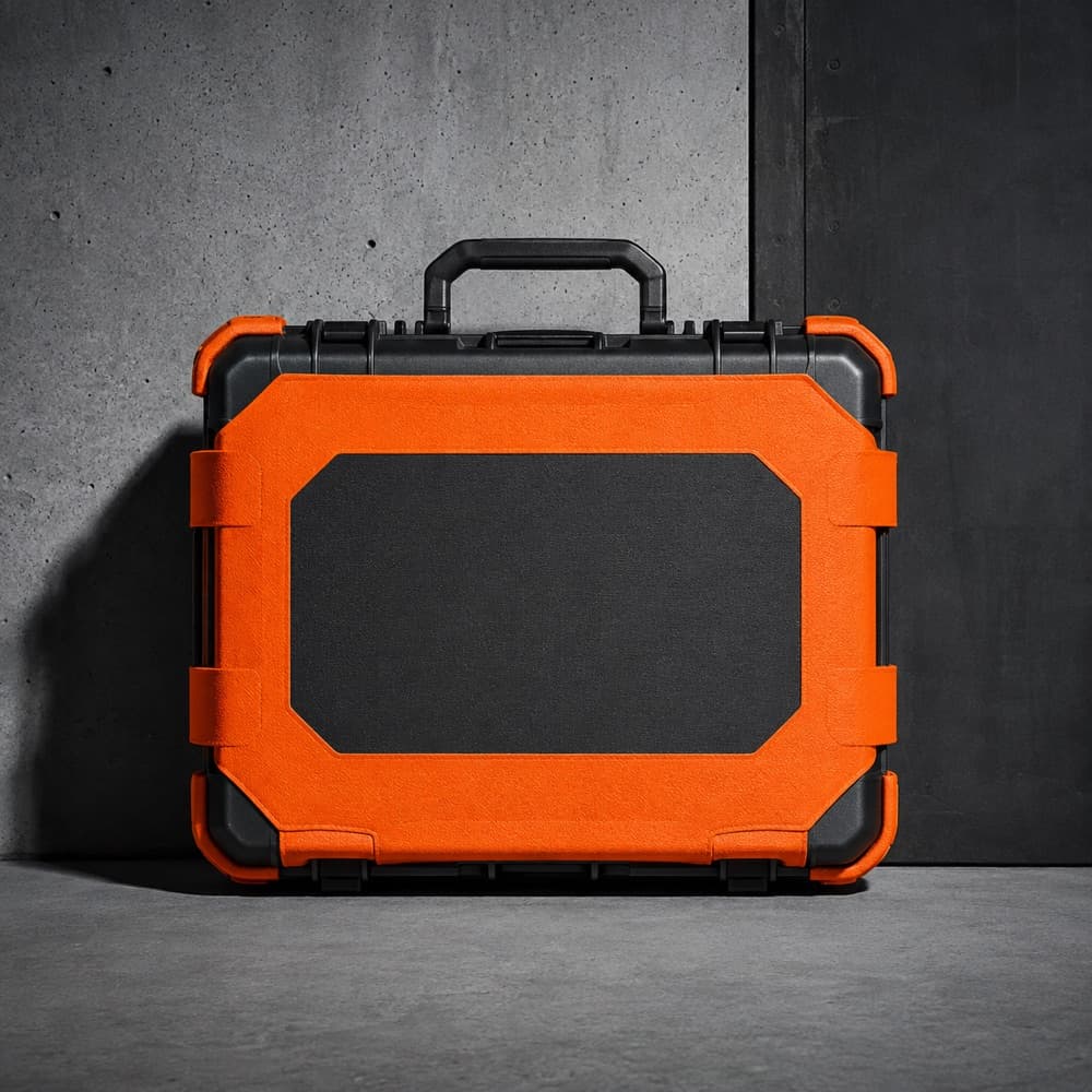 A high-visibility hazard-orange cover with a charcoal contrast panel on a case.