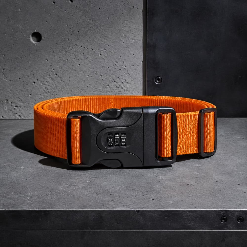 A luggage strap with a combination-lock buckle at the centre of the clasp, coiled once.
