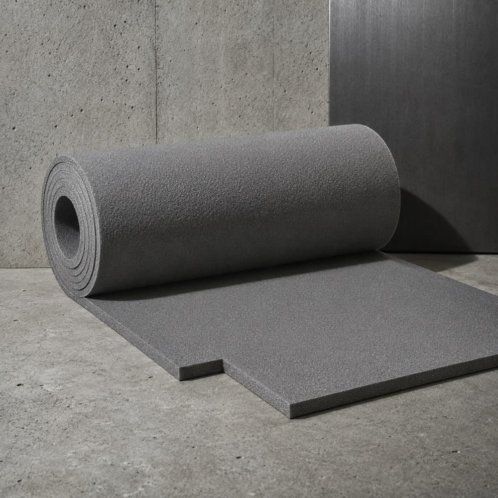 A rolled sheet of grey closed-cell foam partly unrolled, one corner already cut away.