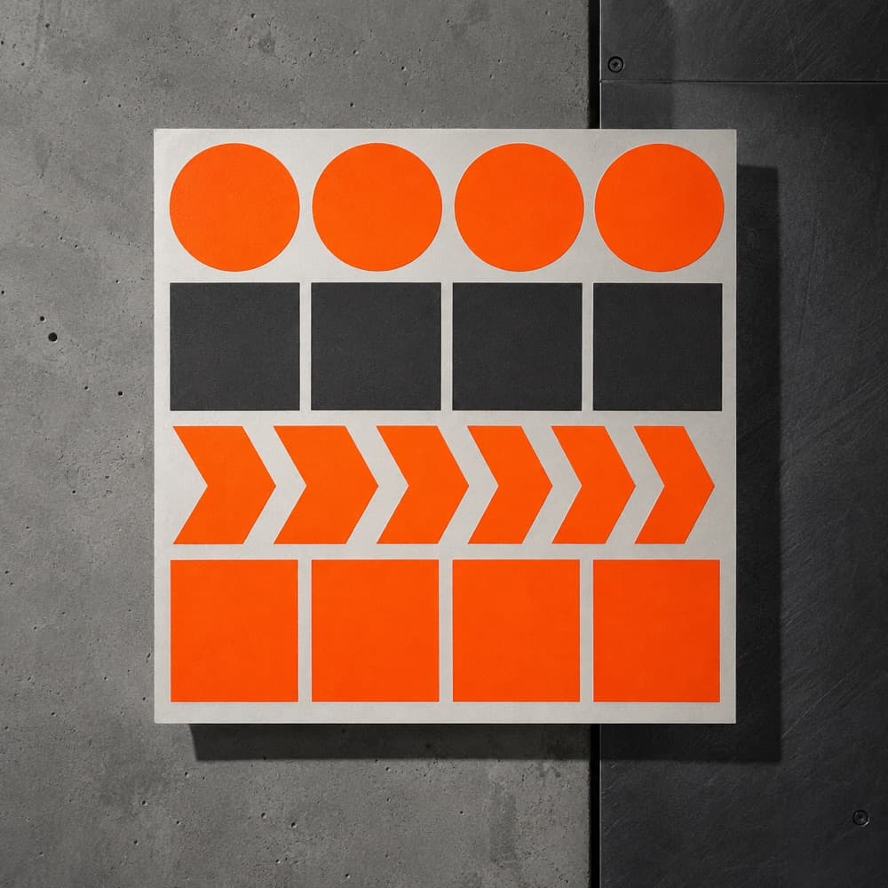 A set of blank high-visibility vinyl shapes on a backing sheet, top down.