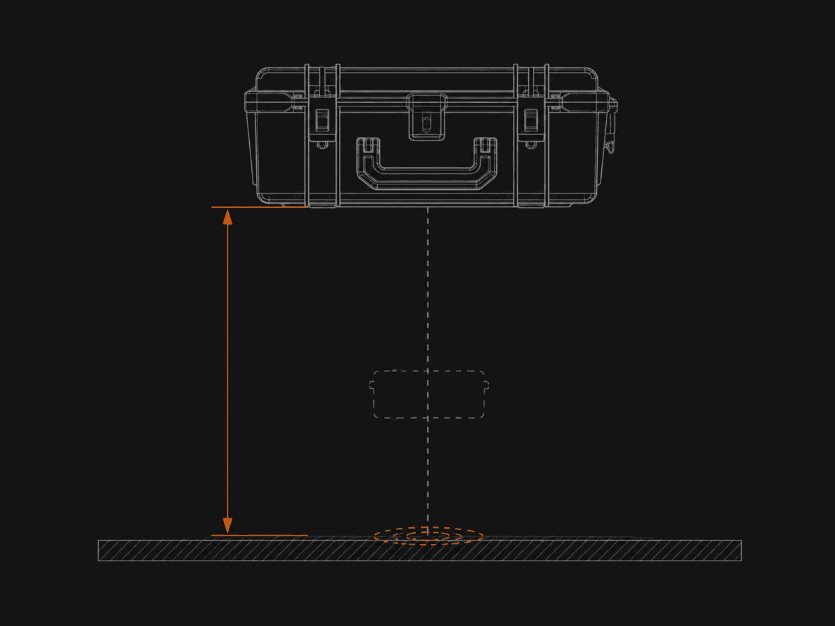 Elevation diagram of a case suspended a measured height above a rigid floor plate.