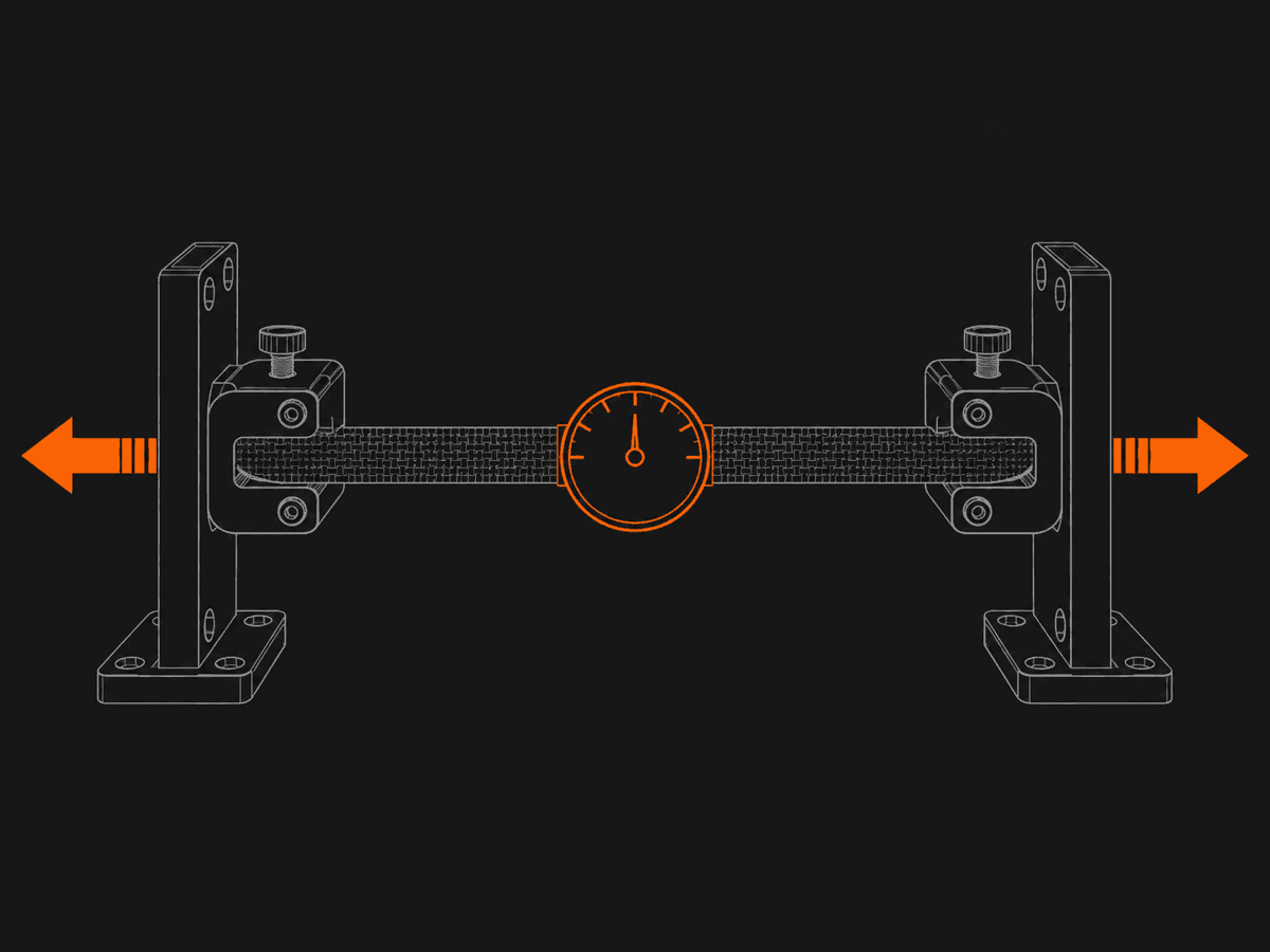 Diagram of a strap held taut between two clamps with opposing pull arrows and an inline gauge.